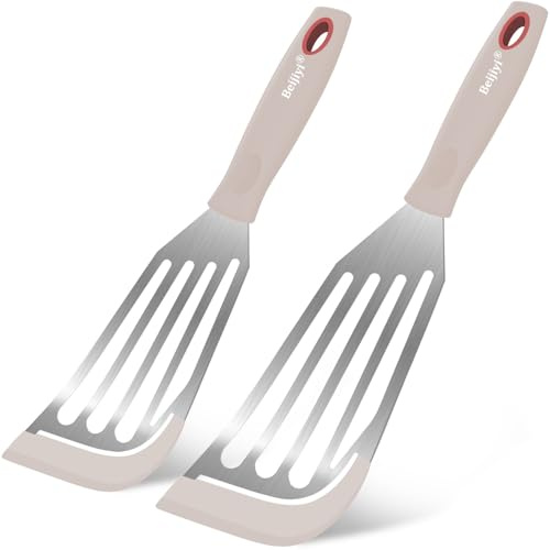 Beijiyi Silicone Fish Spatula Set, 2-Piece Heat Resistant Fish Turner Spatula for Non Stick Frying Pan, Flexible Kitchen Cooking Utensils, Slotted Egg Flipper, Large 12.3 In, Small 10.6 In, Khaki