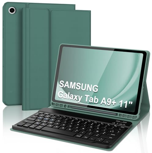 Coque Clavier pour Samsung Galaxy Tab A9 Plus/A9+ 11 Pouces, AZERTY Français Housse Clavier Bluetooth Magnétique Détachable avec Porte Crayon pour Samsung Galaxy Tab A9 Plus 11 2023, Vert Foncé