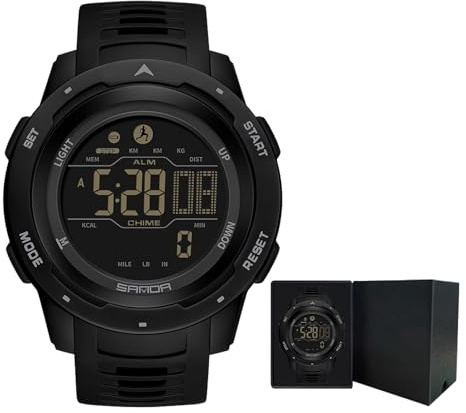 XFLHXY Montre Numérique pour Homme, Podomètre, Compteur de Pas, Calories, Militaire, Bracelet en Caoutchouc, Chronomètre, Alarme, Rétroéclairage LED, Compte À Rebours(Black)