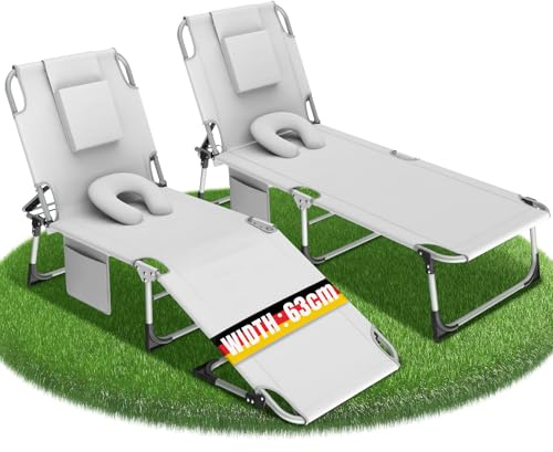 Sonnenliege Klappbare Gartenliege 2er,Liegestuhl mit Gesichtsöffnung、U-Kissen&3-Fach Verstellbarer Rückenlehne,Strandliege，Gartenstuhl，Relaxliege Faltbar für Sonnenbaden,Strand,Garten,Camping,Hellgrau
