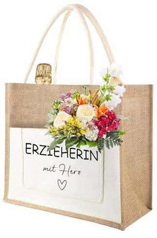 OURISE Jutetasche Erzieherin mit Herz, Jute Shopper als Erzieher Geschenk, Jute Tasche als Abschiedsgeschenk, Geschenk für Erzieherin zum Abschied, Dankesgeschenk