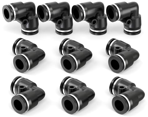 ERGAOBOY 10 unidades, tubo de 10 mm de diámetro exterior, negro, 2 vías, codo de 90 grados, conexión rápida neumática, cierre a presión, adaptador de línea de aire PV de plástico