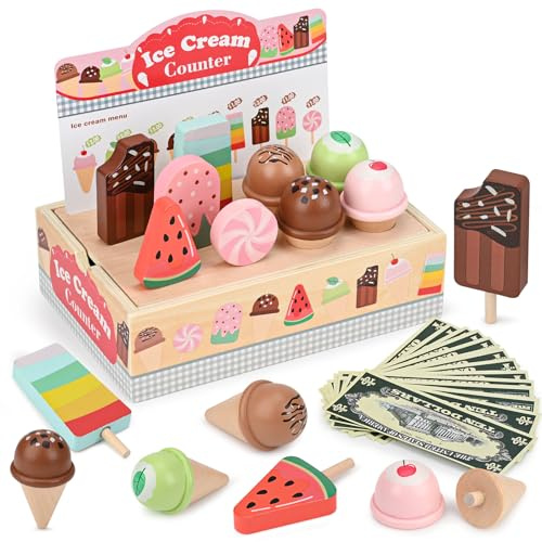 Dreamon Set Gelato in Legno, Cibo da Cucina Giocattolo Gelateria, Gioco di Ruolo educativo Regalo per Bambini e Bambine 3 4 5 Anni