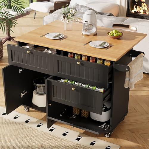 KUAKE Moderna isola della cucina, armadio da cucina, armadio a buffet, tavolo da pranzo multifunzionale con spazio di archiviazione, carrello da pranzo con armadi funzionali elasticizzati (nero-B)