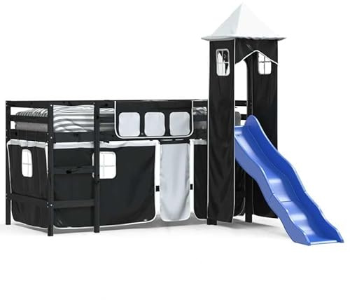 Eleganz Kinderhochbett mit Turm in Weiß & Schwarz – 80x200 cm Kiefernholz – Stabiles Spielbett mit Rutsche & Leiter – Platzsparendes Kinderzimmer-Essential