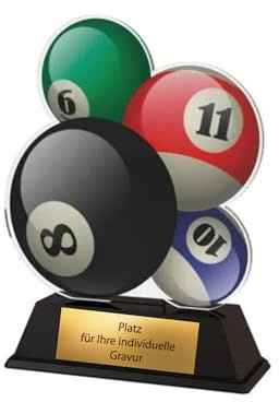 XS Billard Pokal 9 cm - Acryl Trophäe mit Gravur & Billardkugeln Motiv | Leichter Kunststoff-Sockel mit 50 g Gewicht, fertig montiert geliefert für Vereinsmeisterschaften und Turniere, 9 cm hoch