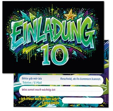 Junaversum 12 Einladungskarten zum 10. Kindergeburtstag Graffiti Kinder Mädchen Junge coole bunte Einladungen zehnte Geburtstag Geburtstagseinladungen Kids