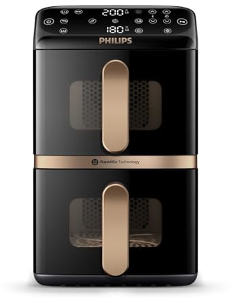 Philips Stacked Airfryer 4000 Serie Heißluftfritteuse, Schwarz, 10 L | 2 Körbe, 45% weniger Platzbedarf, RapidAir Technologie, Touchscreen, 13 Kochfunktionen, HomeID App (NA462/70)
