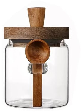 Bocaux en verre avec couvercle en bois et cuillère - Récipient de rangement pour aliments, épices, thé, café, sucre, organisateur de cuisine (400 ml)