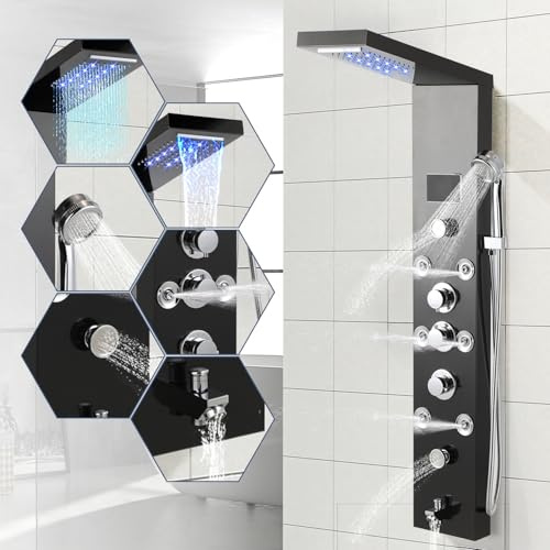 Vkechh Panel de ducha con grifo, 6 funciones, panel de ducha de acero inoxidable con indicador de temperatura LED, ducha de lluvia y cascada, ducha de mano, chorros de masaje y entrada de bañera