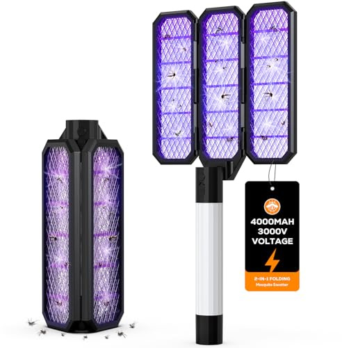 Lampada Antizanzare Elettrica, Racchetta Zapper con luce UV, Zanzariera Elettrica Tri-Fold, Batteria Ricaricabile da 4000 mAh, Insetticida per Casa Giardino Interno Esterno Cucina