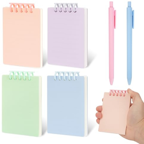 4 Stück Notizbuch Klein, Mini Spirale Notizblock A7 Notizbücher 80 Blatt/160 Seiten mit 2 Stiften, Abnehmbar Pocket Notizheft Tagebuch Schreibblock Zeichenblock für Schule, Arbeit, Büro (Vertikal)