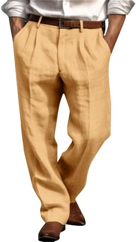 Wide Leg Linen Trousers for Men Belt Loops Waist with Pockets Loose Fit Solid Color Versatile Casual Pants for Summer Beach Holiday & Daily Wear (Khaki, XXXL)