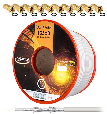 HB-Digital 50m 135dB Koaxial SAT Kabel Reines KU Kupfer Koax Kabel Antennenkabel 5-fach geschirmt für DVB-S / S2 DVB-C und DVB-T DAB+ Radio UHD 4K 8K BK Anlagen + 10 vergoldete F-Stecker mit Gummiring