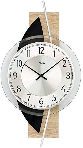 AMS 9551 Wanduhr Quarz Analog Modern Holz Sonoma Optik mit Schiefer und Glas
