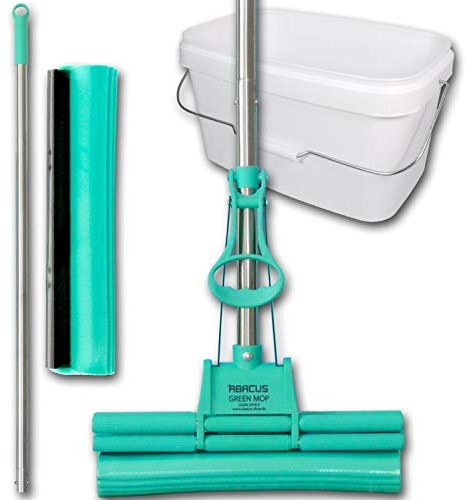 ABACUS® Wischmop Set, Wischmopp extrem saugstark + Ersatzschwamm + Eimer, Bodenwischer, Wischer, Mop, Mopp, Bodenreiniger, Bodenmop, Bodenmopp, Doppelwringer – Green Mop® Set 30 cm (6062)