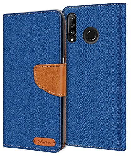 Verco Coque pour P30 Lite, Étui Portefeuille Compatible avec Huawei P30 Lite Case Textures de Fibre Housse de Protection, Bleu