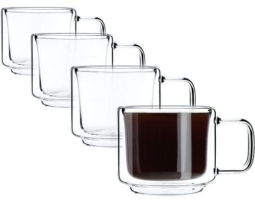 KADAX Verres à double paroi, set, 200ml, verres thermiques en verre borosilicaté, verres à boire pour thé, café, cappuccino, eau, jus, thé glacé, verres à café (avec poignée, 4)