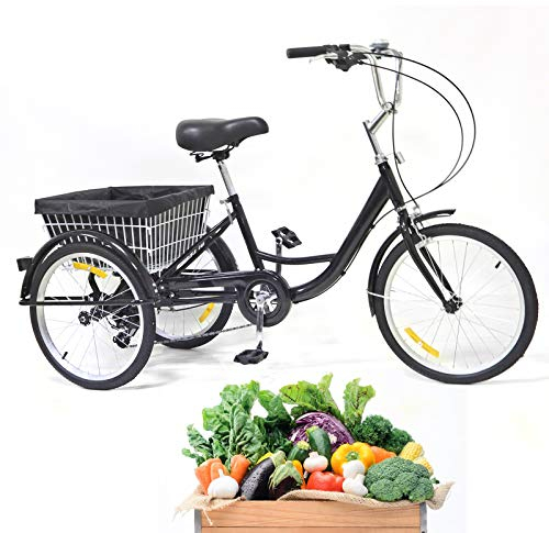 DIFU Trehjuling för vuxna 3-hjuls cykel 20 tums damcykel stadscykel 8 hastigheter tricycle med korg, 110 kg maximal belastning, för seniorer City Outdoor Sports shopping, svart