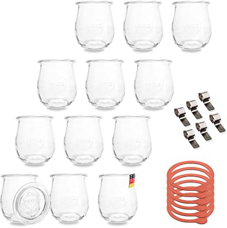 Barattolo a forma di tulipano, da 220 ml, utilizzabile come barattolo per marmellata, barattolo da conserve, 12 pezzi, con etichetta, made in Germany