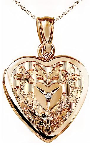 PicturesOnGold.com 14K Gold Filled Floral Heart Photo Locket with Diamond - 3/4 inch x 3/4 inch - Includes 18 inch Chain (Locket Only)