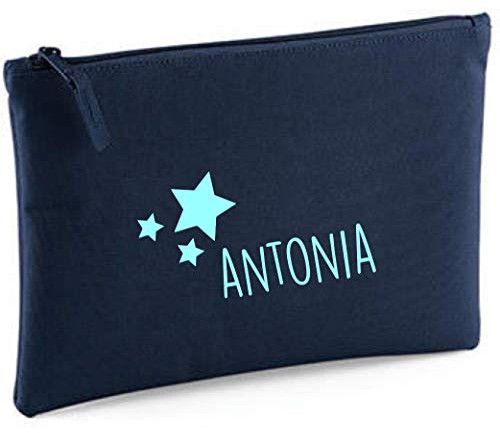 minimutz personalisierte Kosmetiktasche für Mädchen | Motiv Sterne & Namensdruck | Schminktasche für Kinder inkl. Name | Kulturtasche Make-up Täschchen mit Reißverschluss | 28cm x 19cm (dunkelblau)