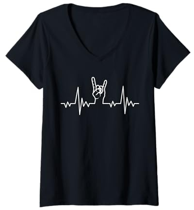 Damen Heavy Metal Herzschlag Pommesgabel T-Shirt mit V-Ausschnitt