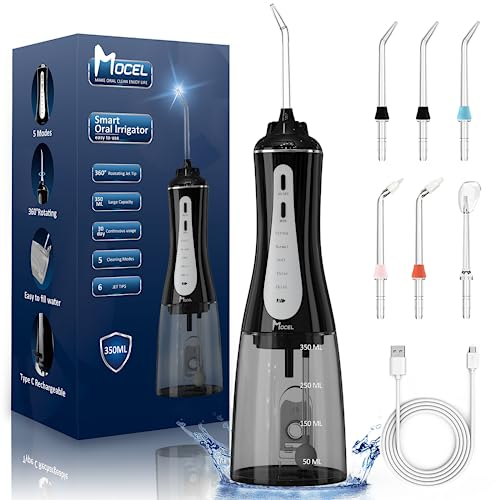 MOCEL Cordless Water Flosser Oral Irrigator 5 Modes, IPX7 Waterproof,350ML 6 Jet Tips USB Rechargeable Teeth Water Jet Cleaner,Water Dental Flosser at Home/Travel Family Use