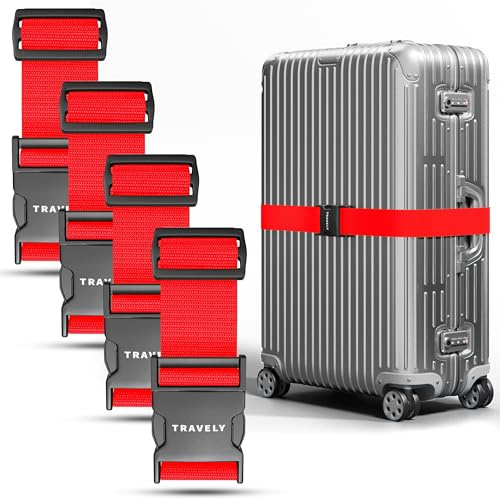 Travely® Premium Koffergurt - Besonders Auffällig & Sicher - Inkl. 4 Namensschildern - Gepäckband ideal über Kreuz - [4er Set] - Rot