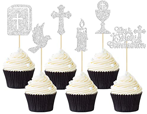 Gyufise 24 Stück Cupcake-Topper für die Erstkommunion, Glitzertaubenkreuz, Gottesegne und Taufe, Cupcake-Picker für die Erstkommunion, Thema Babyparty, Geburtstag, Party, Kuchendekorationen, Silber