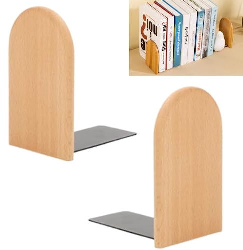 KARBAG Book Ends, 2 Pack Natural Bamboo Bookend Heavy Duty Bookends Walnut Wood Bookends Wooden Book Stopper Bookshelf Ends Decorative Book Ends for Shelves Office Home School Dorm Library(Round Head)