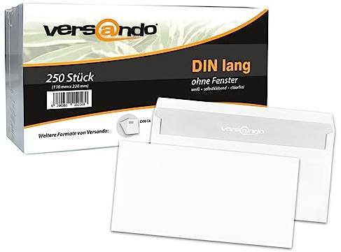 versando 250x Briefumschläge ohne Fenster DIN lang 220x110mm weiß: | selbstklebende Kuverts für Rechnungen, Geschäftsbriefe, Büro, einfach verschließbar mit Sichtschutz
