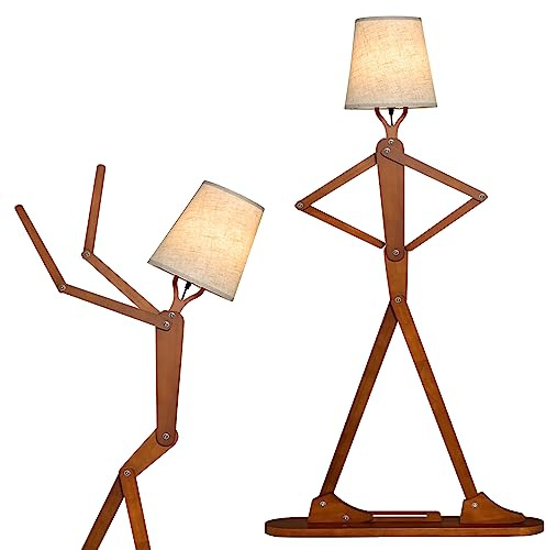 HOMASIS Lampadaire Humanoïde, éclairage créatif et décoratif en bois, posture interchangeable, lampadaire de salon avec interrupteurs à pied, 160 cm de haut, marron