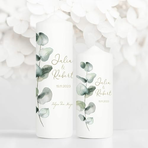 Wandtattoo Loft Hochzeitskerze personalisiert mit Namen und Datum + Gastkerze, Motiv mit Eukalyptuszweig, 25cm x 7cm, personalisierte Traukerze, Hochzeit Kerze selbst gestalten, Hochzeitsgeschenk
