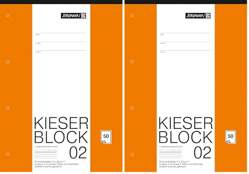 Brunnen KIESER-Block A4, 50 Blatt, 80 g/m², Klasse 2, Lineatur 2, 4-fach gelocht, weiß, Packung mit 2