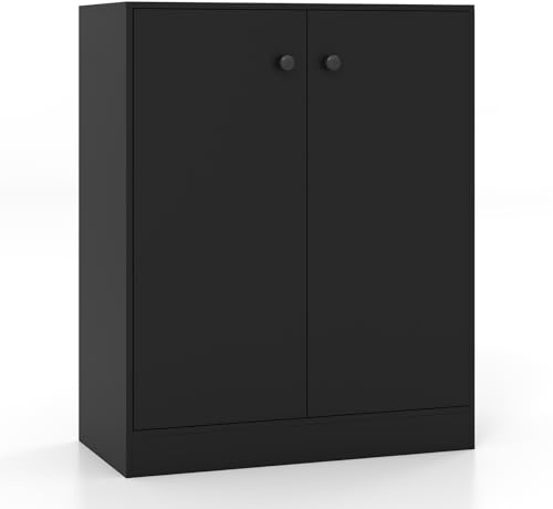 COSTWAY Wooden Storage Cabinet, Freestanding Buffet Sideboard with Doors & Shelves, Display Cupboard Floor Cabinet for Kitchen Dining Room (2 Doors, Black)