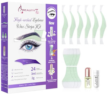 Strisce di Cera Depilatorie del Sopracciglio ad Alto e Arcuato Donna, Confezione da 24 Strisce di Cera con 2g Polvere di Perle 3ml di Olio Essenziale di Camomilla Beauty7