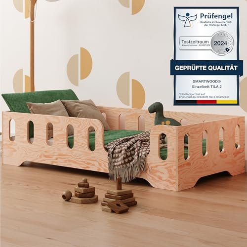 smartwood Bodenbett 140x200 cm mit Rausfallschutz, Holz, TILA 2P | Montessori Kinderbett, Lattenrost belastbar bis 300 kg, FSC-Zertifikat, abgerundete Kanten, Einfache Montage, ab 3 Jahren