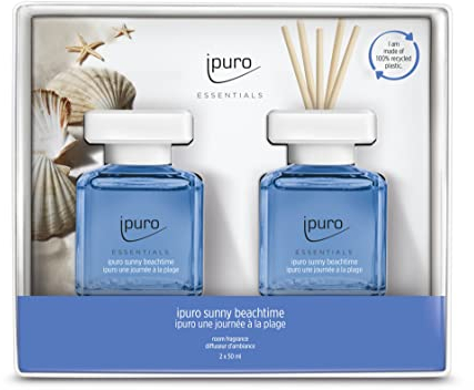 ipuro - Essentials Raumduft SUNNY BEACHTIME 2x50ml | Raumerfrischer mit Grapefruit, Zitrone & weißem Moschus Duft Aroma | Diffuser mit Stäbchen | Lufterfrischer für die Wohnung