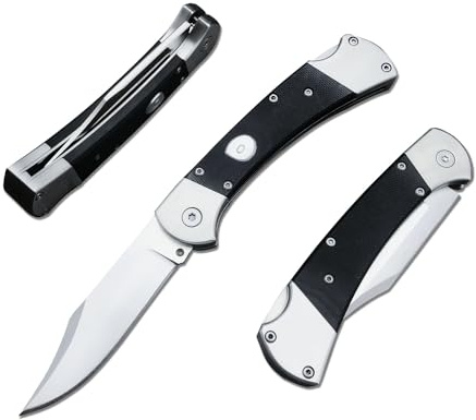 HUAAO Manually Operated Button-Lock Knife Folding Knife 440C Stainless Steel Blade, Back lock G10 Handle with Leather Sheath, EDC Pocket Knives for Men (Black)