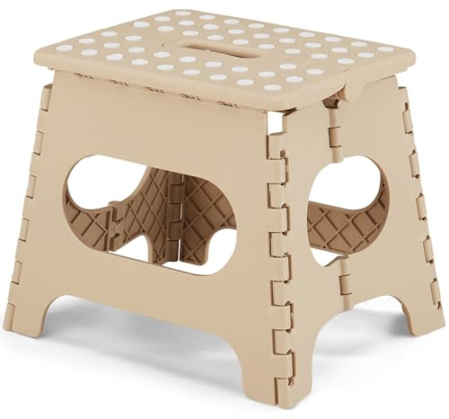 VECELO Folding Stool 28cm, Non-Slip Surface Portable Foldable with Carry Handle, Heavy Duty to Support Kids/Toddler/Adults for Living Room Kitchen, Bathroom, Khaki