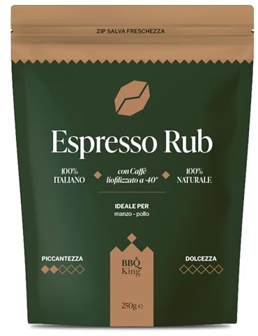 BBQ KING - Espresso Rub Confezione da 250 Gr, Dry Rub Bbq per Manzo Ideale per Barbecue e Grill, Set Spezie Cucina 100% Made in Italy, Miscela di Spezie per Carni Rosse (Manzo, Beef Ribs)