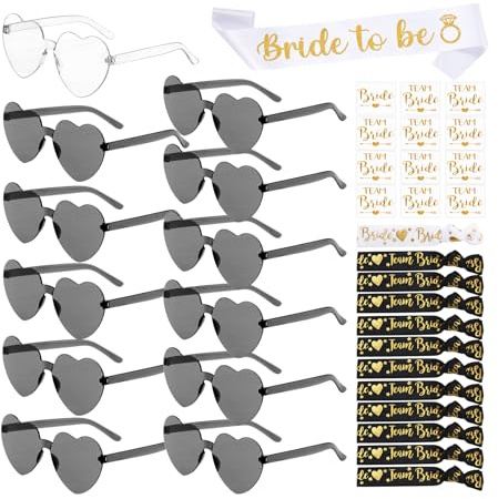 YSUVIN Gadget Addio al Nubilato Sposa, 37PCS Addio Nubilato Decorazione,12 Occhiali da Festa Occhiali da Sole a Cuore + 12 Team Bride Braccialetti+ 12 Sposa Tatuaggi + 1 Bride to be Satin Sash, Nero