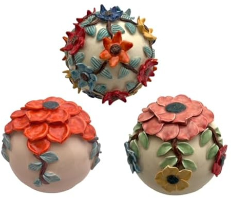 Gall&Zick Keramik Gartenkugeln mit Blumenverzierung, Set von 3 Stück