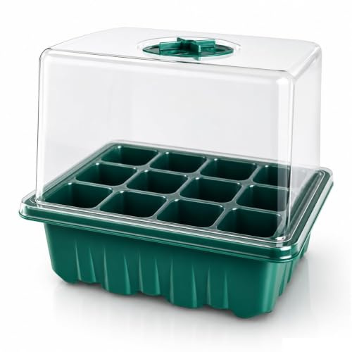 Zimmergewächshaus klein 12 Zellen á 3,5 x 3,5 cm² für die Pflanzenanzucht im Innenraum, Fensterbank, Balkon oder Terrasse, Anzucht Kasten sehr gut geeignet für schnellwachsende Sämlinge (Grün)