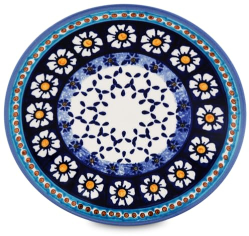 Bunzlauer Keramik Frühstücksteller Ø19,5 cm – Handbemaltes Design 'Kamille' in Blau und Grün, robust und traditionell aus Schlesien (Blau)