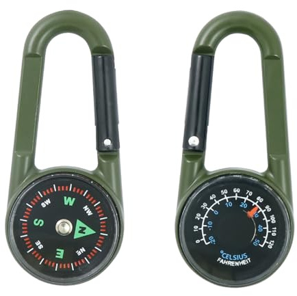 Jicyor Kompass mit Karabinerhaken und Thermometer, Mini Kompass Karabiner, Kompass Outdoor Kompass Kinder für Camping, Wandern, Reisen, 4-in-1-Kompass （Armeegrün）