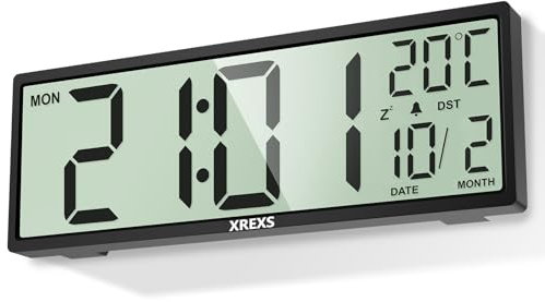 XREXS 14.5'' Large Digital Wall Clock with Jumbo Numbers, Battery Operated, Auto DST, Large Digital Clock with Day/Date/Alarm/Temperature, for Living Room, Bedroom, Desk Decor