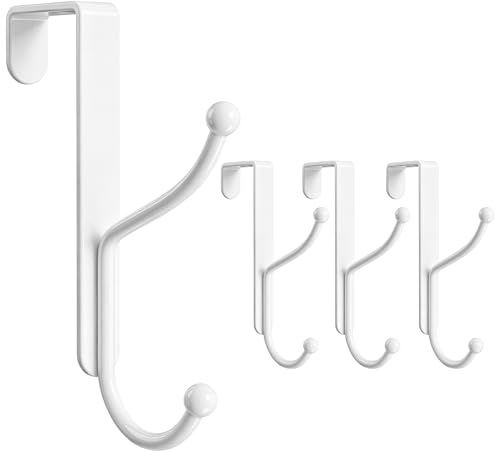 niffgaff Over Door Hook 4-Pack, Heavy Duty Door Hanger, Fits Interior Doors 1.4 Inches Thick, Organize Coats, Hats, Towels, and Bags for Entryways, Bathrooms, Bedrooms, and Kitchens, White