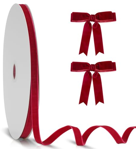 KINGLAKE Ruban Velours double face Rouge - 10mmX23m Ruban cadeau de Noël épais Bordeaux, Pour sapin de Noël, Halloween, Nœuds, Loisirs Créatifs